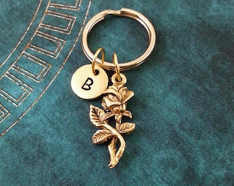 Rose Keychain, SMALL Rose Charm, Personalized Key Ring, Valentine's Day Gift, Rose Keyring, Rose Pendant, Gold Rose Keychain, Gold Rose Gift