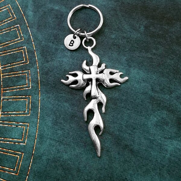 Cross Keychain LARGE Cross Charm Keychain Christian Keychain Cross Pendant Keychain Jesus Gift Flames Personalized Keychain Initial Keychain