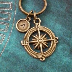 Compass Keychain SMALL Bronze Compass Keyring Personalized Keychain Brass Long Distance Relationship Gift Bridesmaid Keychain Travel Gift