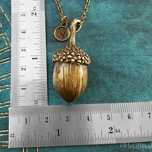 May include: A bronze-colored acorn pendant necklace. The acorn is approximately 1.5 inches long, with a textured cap and a smooth body. A small, round charm with the letter "N" hangs next to the acorn. The necklace chain is also bronze.