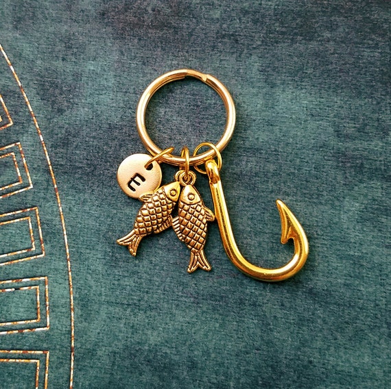Fish Hook Keychain Bronze Fishhook Keychain Personalized Keychain