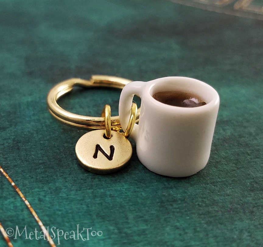 Coffee Keychain VERY SMALL Coffee Cup Keyring Black Coffee Charm Keychain Coffee Lover Gift Boyfriend Keychain Girlfriend Gift Personalized