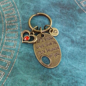 I Know What Love is Because of You Keychain, Brass Heart Keychain, Heart Keyring Personalized Valentine&#39;s Day Keychain Red Gem Heart Pendant