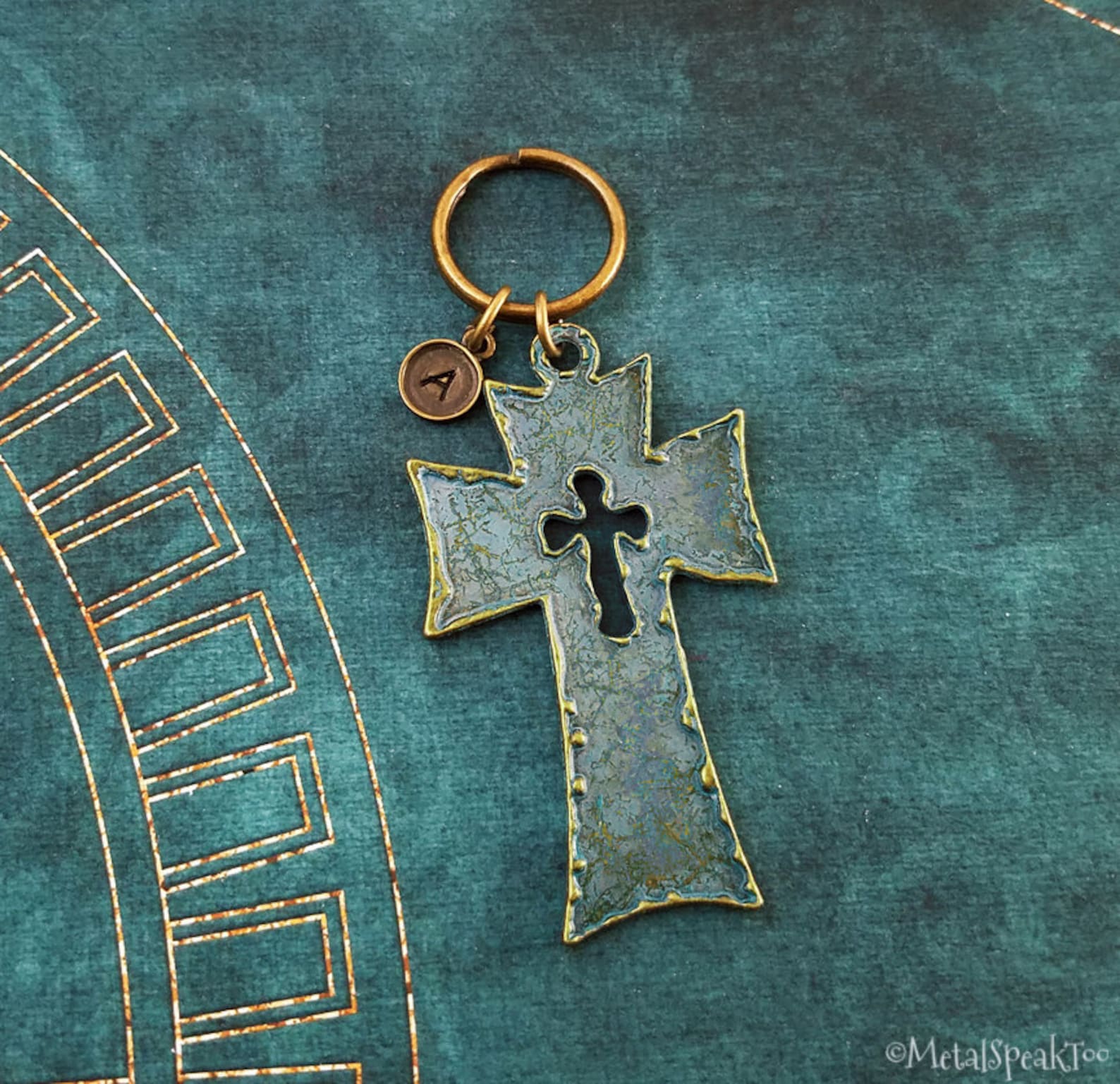 Cross Keychain Bronze Cross Keyring Patina Keychain Christian Etsy