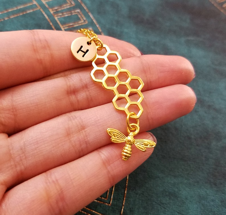 Honeycomb Keychain SMALL Honeycomb Keyring Honey Bee Keychain Queen Bee Keyring Honey Keychain Beehive Keychain Personalized Initial Charm image 2