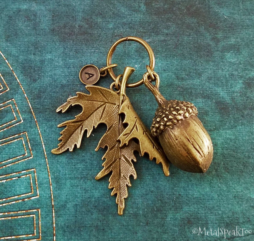 Acorn Keychain Maple Leaf Keychain Bronze Acorn Keyring Fall Etsy