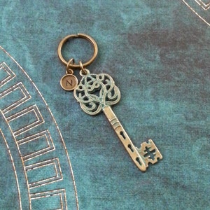 Key Keychain Bronze Skeleton Key Keyring Patina Keychain Blue Key Charm Keychain Brass Keychain Monogram Keychain Antique Key Keychain