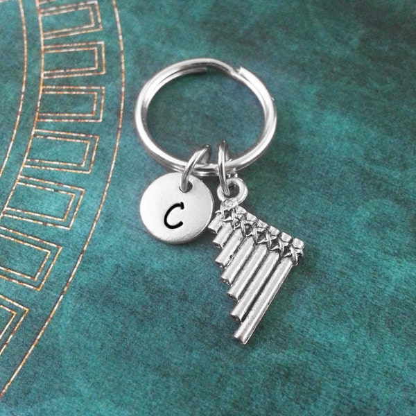 Pan Flute Keychain, SMALL Pan Flute Charm, Pan Flute Keyring, Classical Music Keyring, Engraved Key Ring Monogram Keychain Pan Flutist Gift