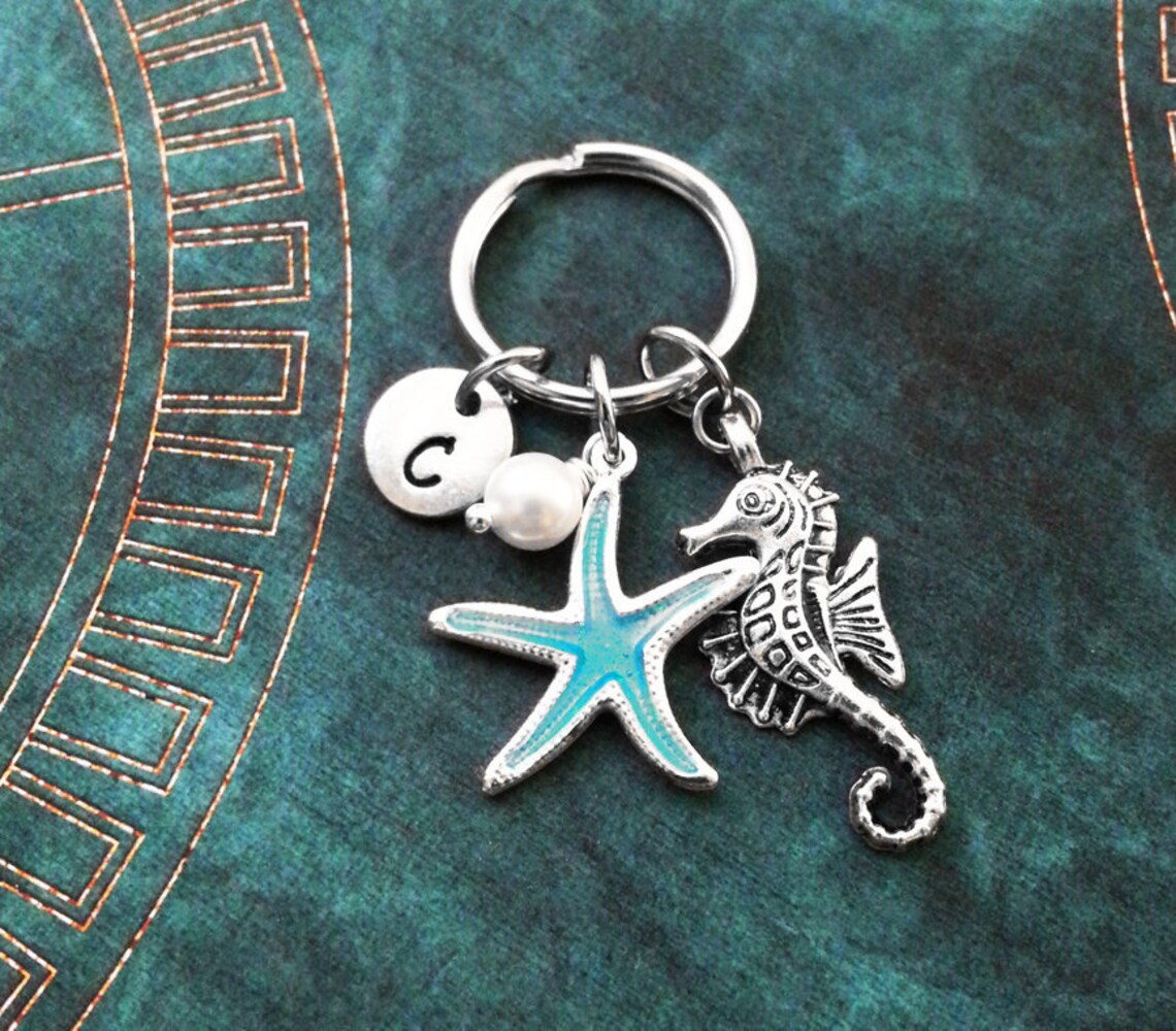 Seahorse Keychain SMALL Blue Starfish Keychain Personalized Keychain ...