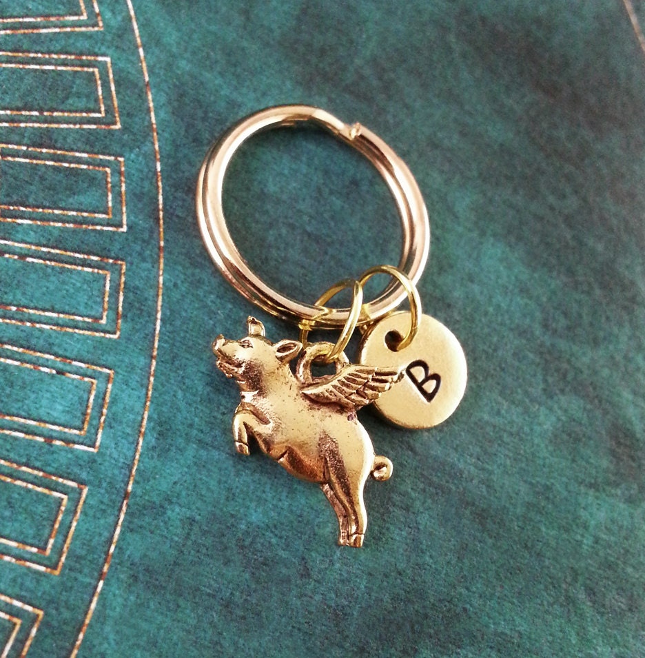 EclecticSkeptic Golden Flying Pig Flexible Keychain, Pigasus Easy Open Key Ring, Jasper When Pigs Fly Key Holder, Pig with Wings Keychain
