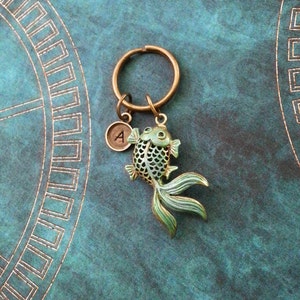 Fish Keychain SMALL Bronze Fish Keyring Personalized Keychain Patina Fish Patina Keychain Koi Fish Japanese Blue Fish Gift Monogram Keychain