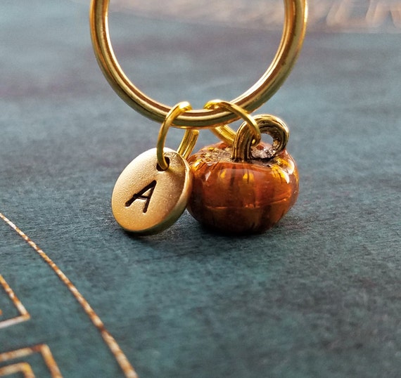 Pumpkin Keychain VERY SMALL Personalized Keychain Pumpkin Keyring Fall Keychain Autumn Keychain Initial Keychain Charm Keychain Halloween