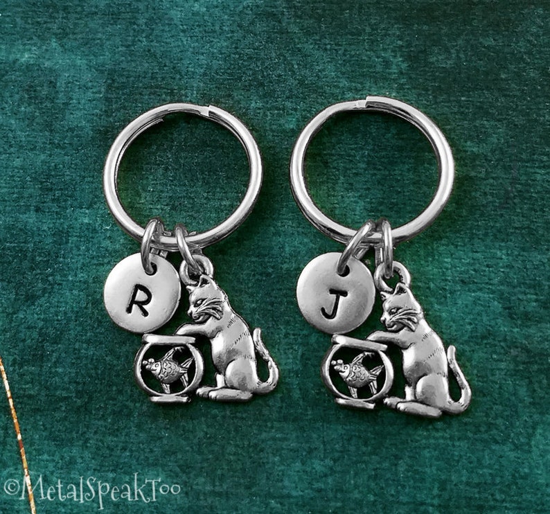 Cat Keychain SET of 2 SMALL Cat Charm Keychains Cat Keyring Sisters Keychain Best Friends Keychain Friendship Keychain Initial Charm Gift
