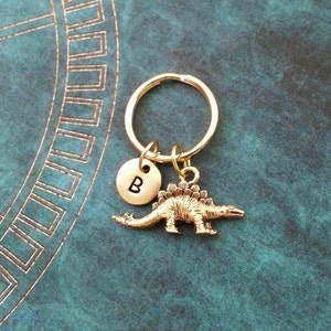 Dinosaur Keychain VERY SMALL Stegosaurus Keychain Personalized Initial Keychain Gold Dinosaur Keyring Boyfriend Keychain Stegosaurus Keyring