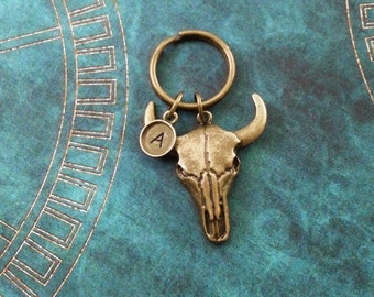 Bull Skull Keychain Steer Skull Keyring Personalized Keychain Bronze Longhorn Keychain Southern Gothic Keychain Brass Cow Skull Southwestern