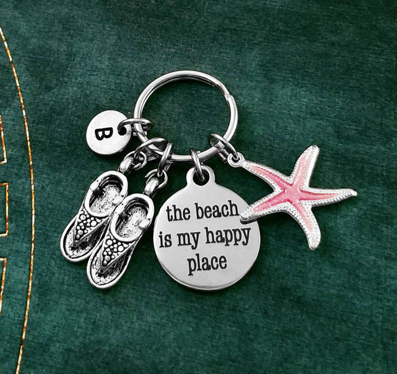 The Beach is My Happy Place Keychain SMALL Beach Keychain Travel Gift Beach Keyring Sandals Keychain Flip Flops Keychain Starfish Keychain