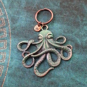 Octopus Keychain LARGE Octopus Keyring Personalized Keychain Patina Octopus Gift Blue Patina Keychain Octopus Jewelry Kraken Keychain