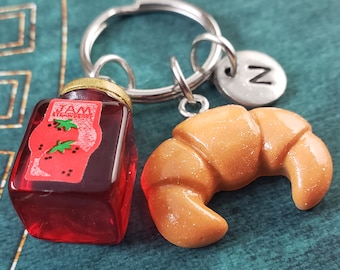 Crescent Roll Keychain SMALL Bread Pendant Strawberry Jam Keychain Croissant Charm Keychain Baking Gift Personalized Initial Custom Monogram