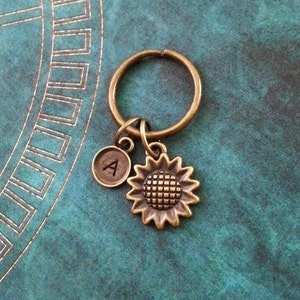 Sunflower Keychain VERY SMALL Bronze Sunflower Keychain Flower Keychain Personalized Keychain Brass Keychain Bridesmaid Keychain Monogram