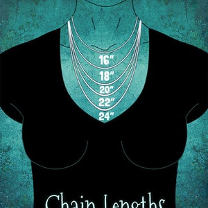 May include: Illustration of a black top with a teal background, showcasing chain lengths. The image displays five necklaces of varying lengths: 16", 18", 20", 22", and 24". The text "Chain Lengths" is at the bottom.