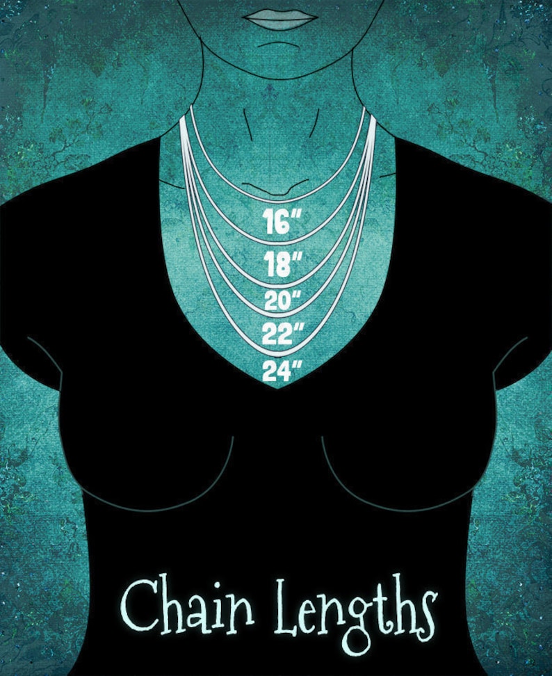 May include: Illustration of a black top with a teal background, showcasing chain lengths. The image displays five necklaces of varying lengths: 16", 18", 20", 22", and 24". The text "Chain Lengths" is at the bottom.