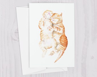 Cuddling Ginger Cats Watercolor Greeting Card