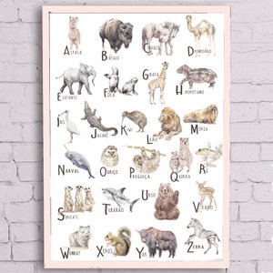 May include: A colorful alphabet poster featuring watercolor illustrations of animals from around the world. Each letter is paired with an animal and its name in Portuguese. The poster is perfect for learning the alphabet and exploring the animal kingdom.