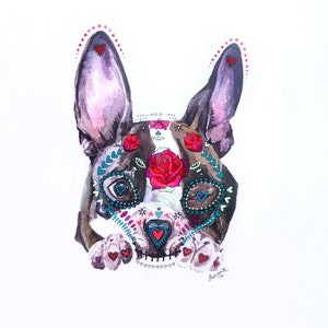 Sugar Skull Boston Terrier Puppy: Mixed media dia de los muertos image 1