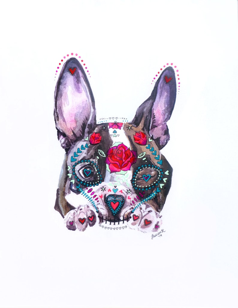 Sugar Skull Boston Terrier Puppy: Mixed media dia de los muertos image 1