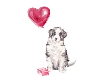 Australian Shepherd Puppy Love Gift with Balloon Watercolor Limited Edition Print 8.5x11