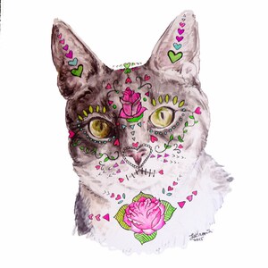 Sugar Skull Cat Painting: Mixed media, Dia de los Muertos