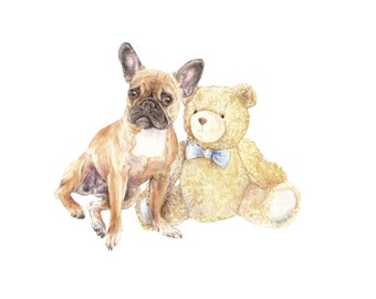 Teddy Bear and Frenchie Friends: Nursery Limited Edition Print  8.5x11 Watercolor