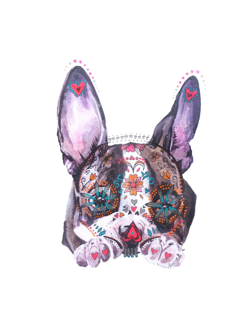 Sugar Skull Boston Terrier Puppy: Mixed media dia de los muertos image 2