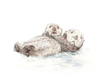 Otter Friends Limited Edition Print 8.5x11 Watercolor Cute Sea Nautical Wall art