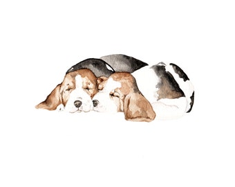 Beagle Puppies Limited Edition Print  8.5x11 Watercolor Dogs