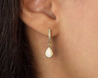 TearDrop White Opal Earrings . Dangle CZ Hoops . Shiny Huggies . Everyday Accessory . Sold in PAIRS