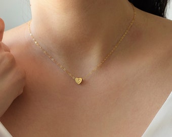 Tiny Initial Heart Necklace . Hand Stamped Letter Necklace . Dainty Layering Necklace