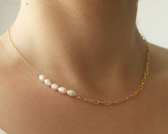 Pearl Paper Clip Necklace. Side Fresh Water Pearl Necklace . Dainty Half Cable, Half PaperClip Necklace. Gift for her