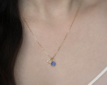 Heart Necklace with Birthstone . 14K Gold Filled Charm Necklace . Personalized Gift . Dainty Birthstone and heart Necklace