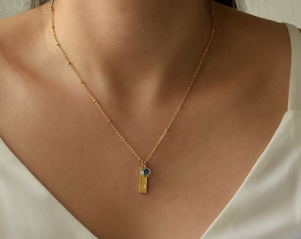 Personalized Initial Gift . Dainty Bar Pendant with Birthstone . Handmade Necklace with Bead Chain