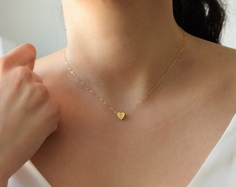Tiny Initial Heart Necklace . Hand Stamped Letter Necklace . Dainty Layering Necklace