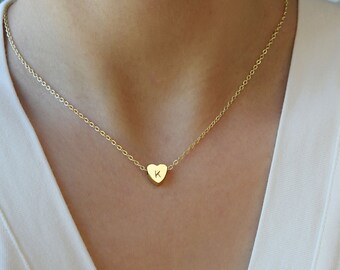 Tiny Initial Heart Necklace . Hand Stamped Letter Necklace . Dainty Layering Necklace