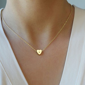 Tiny Initial Heart Necklace . Hand Stamped Letter Necklace . Dainty Layering Necklace image 1