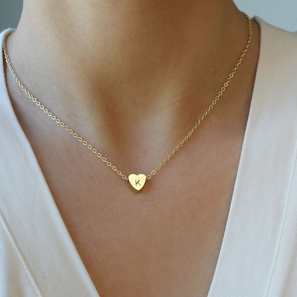 Tiny Initial Heart Necklace . Hand Stamped Letter Necklace . Dainty Layering Necklace