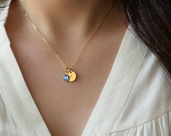 Initial and Birthstone Necklace . Birthday Gift . Personalized Jewelry in Gold, Silver or RoseGold