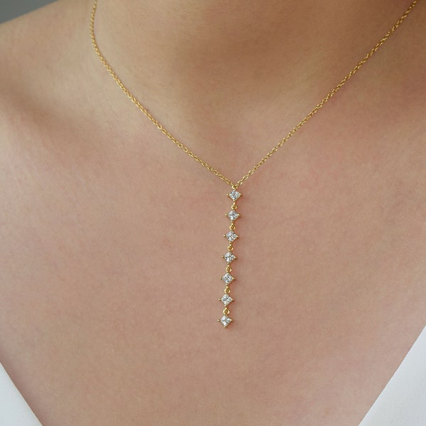 Dainty CZ Lariat Necklace. Y Necklace . Silver CZ Drop Necklace . Bride's Necklace