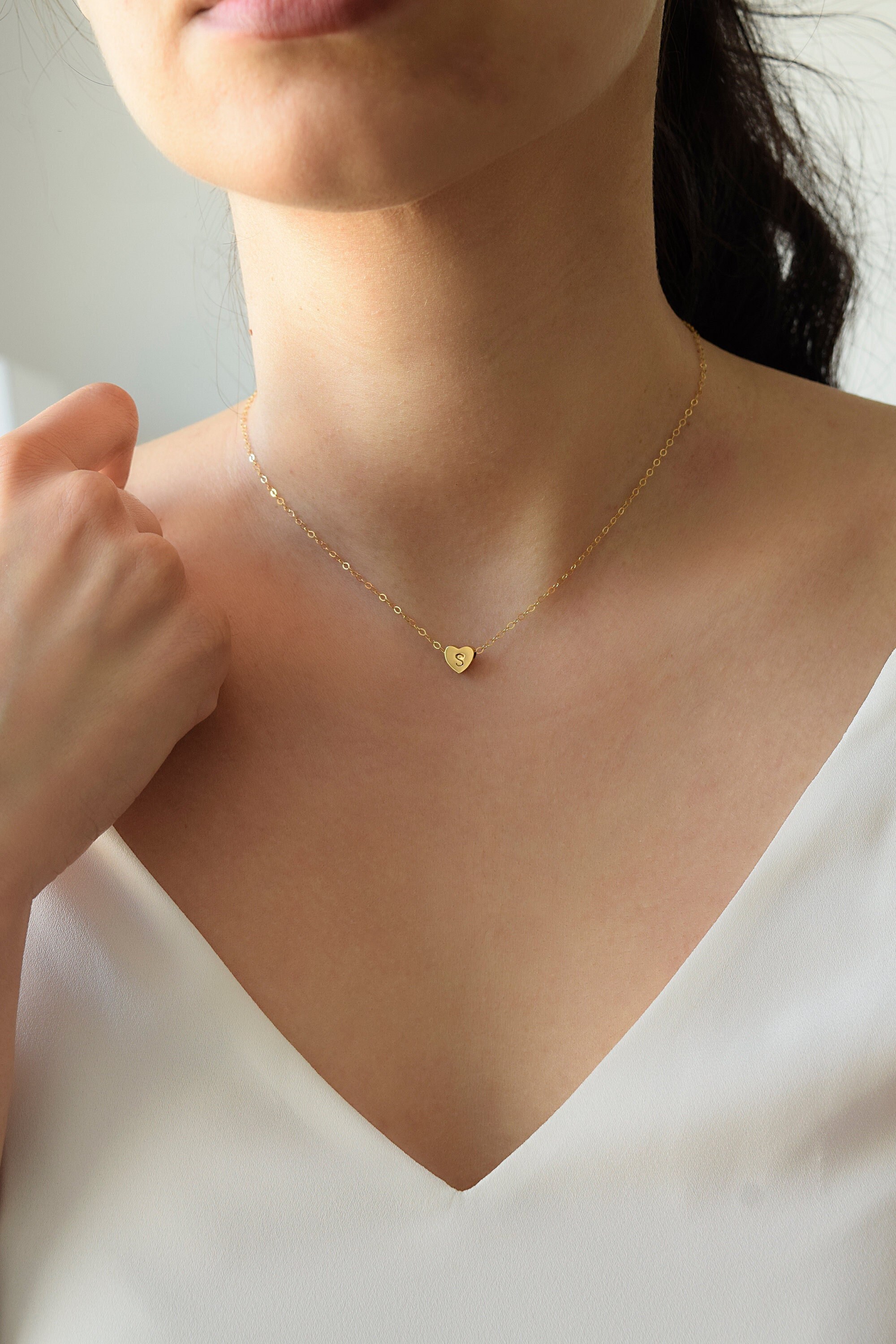 Tiny Initial Heart Necklace . Hand 