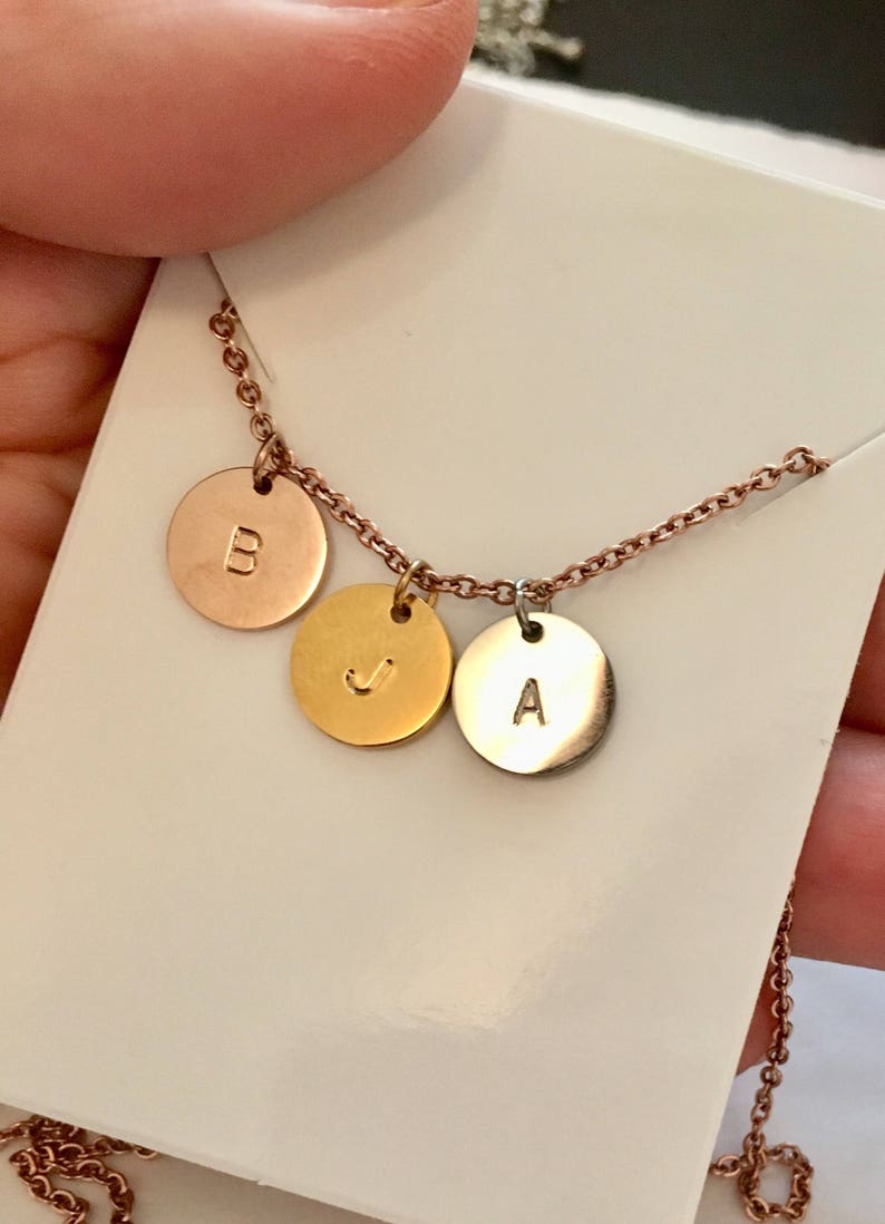 gold silver rose gold initial,disc initial necklace, circle initial necklace, 3 initial necklace,bridesmaid gift, image 2