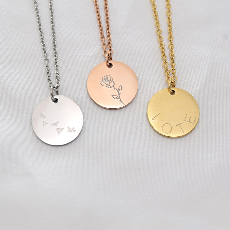 Custom large Disc . Rose Necklace . Vote Necklace. Gift for Mom . Name Disc Necklace . Gift for Her image 1