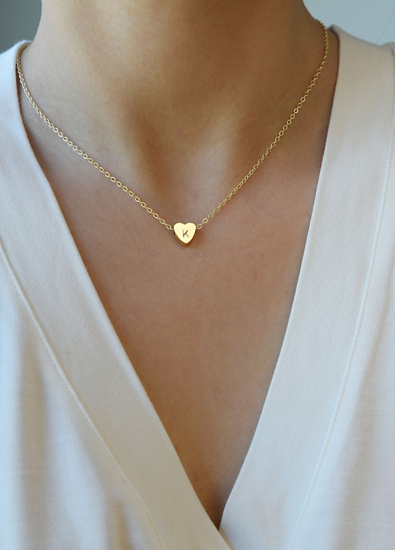 Tiny Initial Heart Necklace . Hand Stamped Letter Necklace . Dainty Layering Necklace image 1
